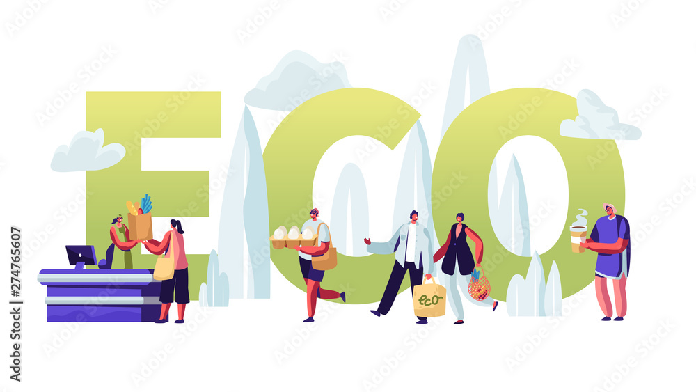 Eco Packing Concept, People Stand in Queue with Reusable Packaging in Hands Visiting Open Air Store. Male Female Characters Shopping, Poster, Banner, Flyer, Brochure. Cartoon Flat Vector Illustration Eco Packing Concept, People Stand in Queue with Reusable Packaging in Hands Visiting Open Air Store. Male Female Characters Shopping, Poster, Banner, Flyer, Brochure. Cartoon Flat Vector Illustration