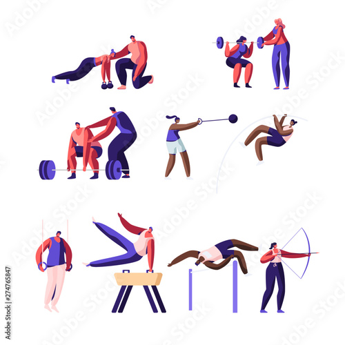 Professional Sport Activities Set. Male and Female Sportsmen Characters Workout. High Jump, Vaulting Horse, Pole Jumping, Core Shot, Bow Shooting, Gymnastics Exercises Cartoon Flat Vector Illustration
