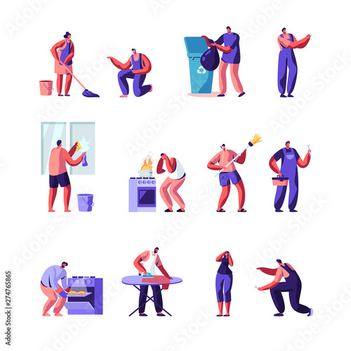 Householders Characters Cleaning Home , Repair Masters Set. People Everyday Routine, Specialists Fixing Technics Service. Housekeeping Management of Duties and Chores. Cartoon Flat Vector Illustration