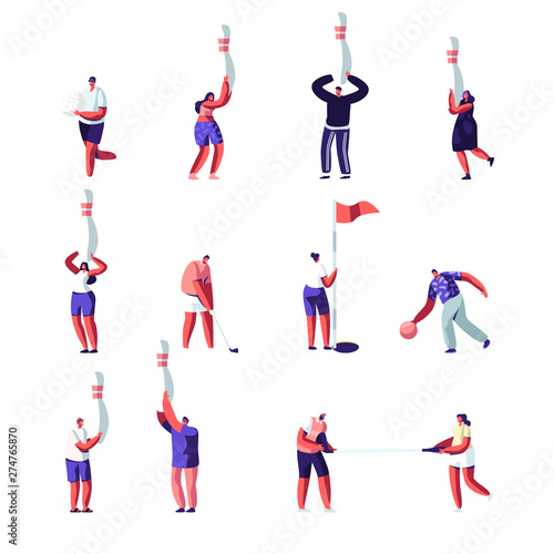 Golf, Bowling Male and Female Characters Set. Men and Women in Sportswear Uniform with Sports Game Equipment, Sport Recreation, Competition, Leisure, Active Lifestyle. Cartoon Flat Vector Illustration