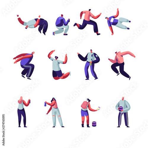 Parkour and Graffiti Characters Set. Youth City Culture, Urban Lifestyle. Men Jumping Over Barriers, Street Artist Teenagers Paint Graffiti on Walls. Outdoors Activity Cartoon Flat Vector Illustration