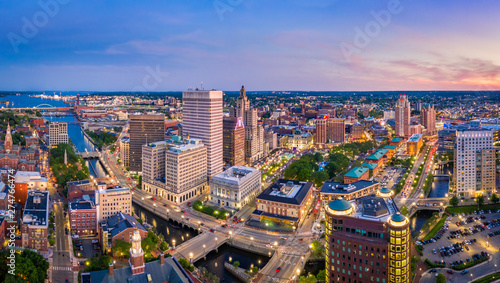 Aerial panorama of Providence skyline at dusk. Providence is the capital city of the U.S. state of Rhode Island. Founded in 1636 is one of the oldest cities in USA. #274766474