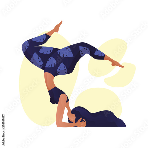 Young yogi woman practicing yoga concept, standing in downward facing pose and wearing sportswear bra and pants