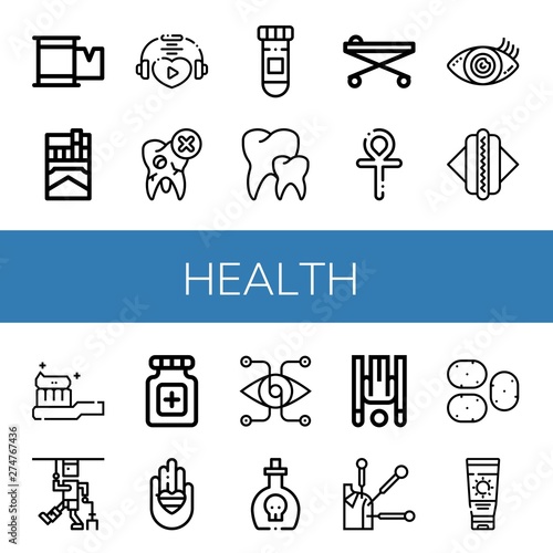 Set of health icons such as Plaster, Cigarette, Love, Tooth, Medicine, Teeth, Stretcher, Ankh, Vision, Hot dog, Tooth Brush, Injury, Pills, Poison, Inversion therapy , health