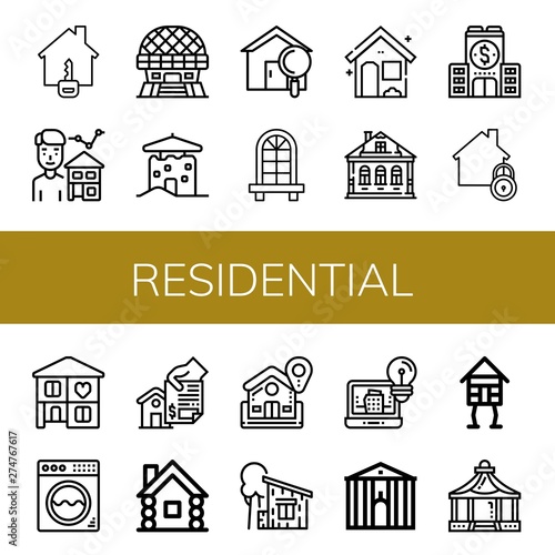 Set of residential icons such as House, Estate agent, Modern architecture, Window, Izba, Company, Home, Washing machine, Wooden house, Cottage, Architecture, Town hall , residential