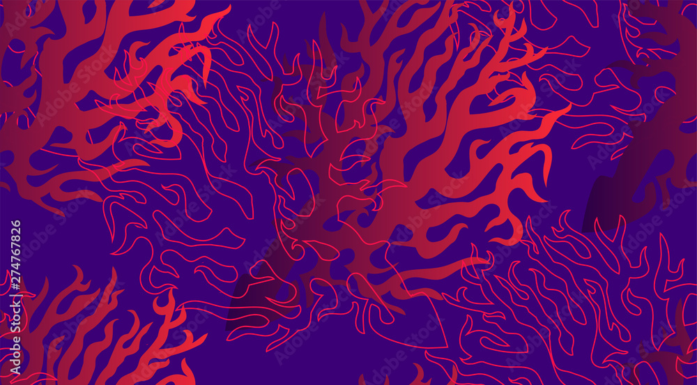 Fototapeta premium Bright fantasy coral reef seamless background with silhouettes and contours of sea corals. Vector illustration for printing, fabric, textile, manufacturing, wallpapers.
