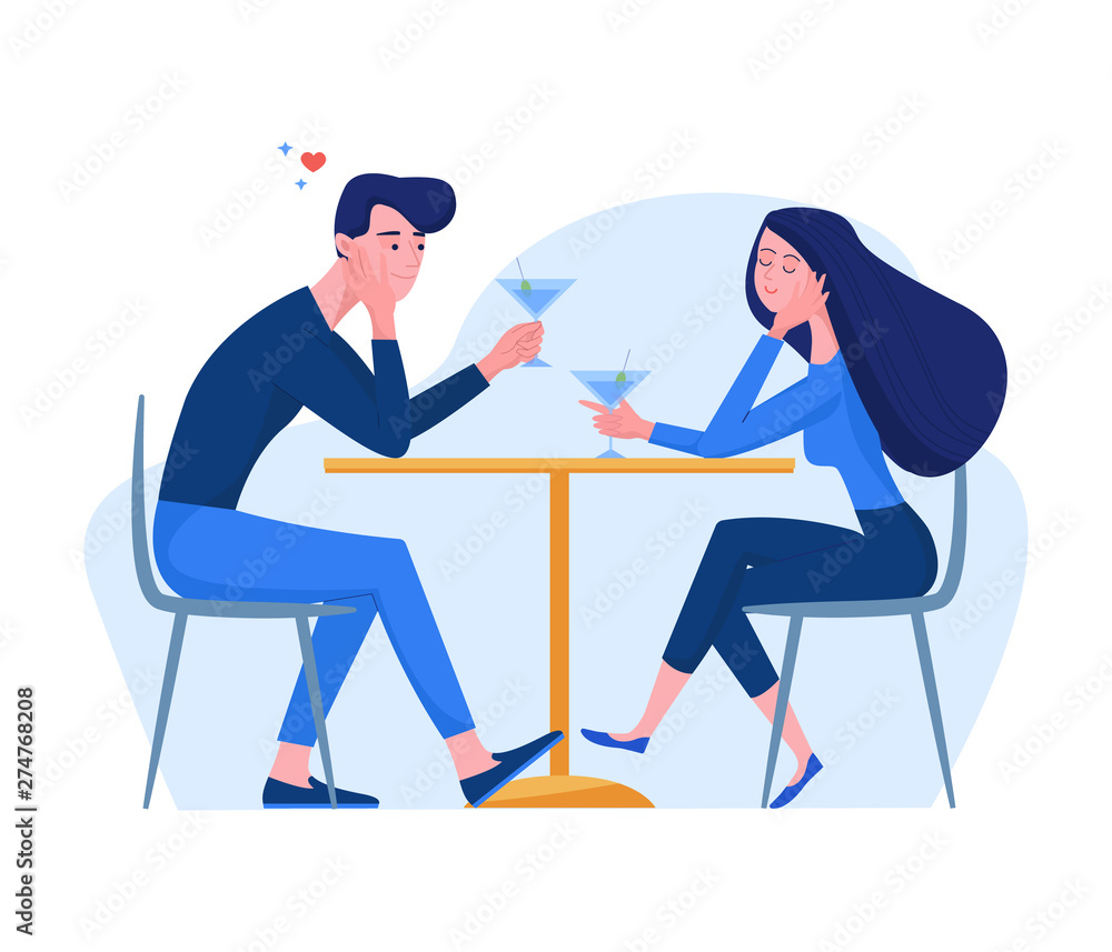 Man and woman characters in flat style sitting in the cafe drinks cocktail. Couple in love holding martini glass. Vector illustration with the interior of a cafe