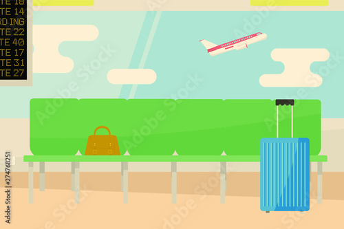 Empty waiting area at the airport with unoccupied seats and luggage from the suitcase and bag. Outside the window, the plane takes off. Vector illustration.