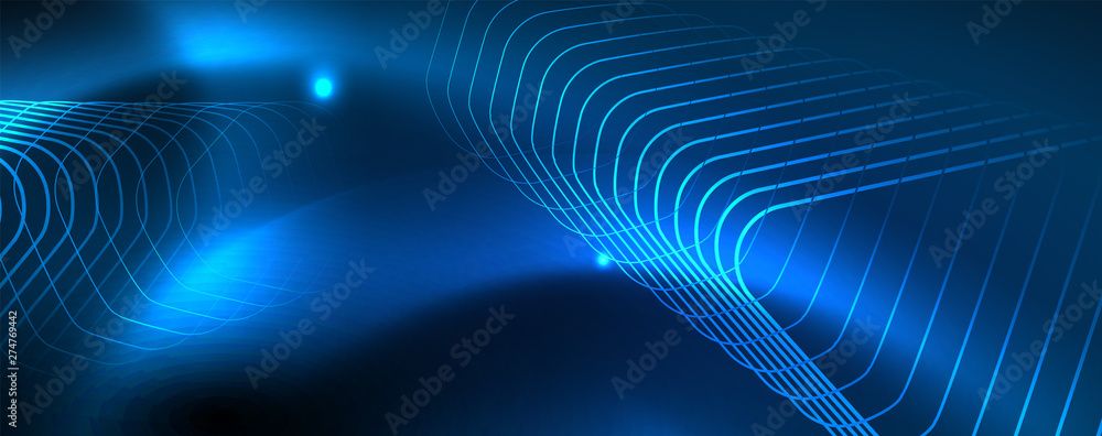 Neon glowing techno lines, hi-tech futuristic abstract background template, vector