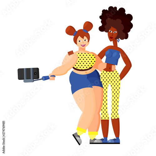 Obraz na plátně Two girlfriends slender African-American and buxom European make selfie