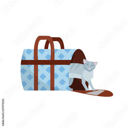 Travelling with pets. Vector illustration of cat in a bag and pet cage, carriage of cats. Textile carrying bag. Carrying case. Vector flat cartoon illustration