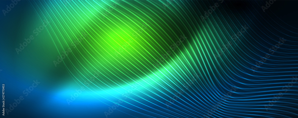 Smooth wave lines on blue neon color light background. Glowing abstract wave on dark, shiny motion, magic space light