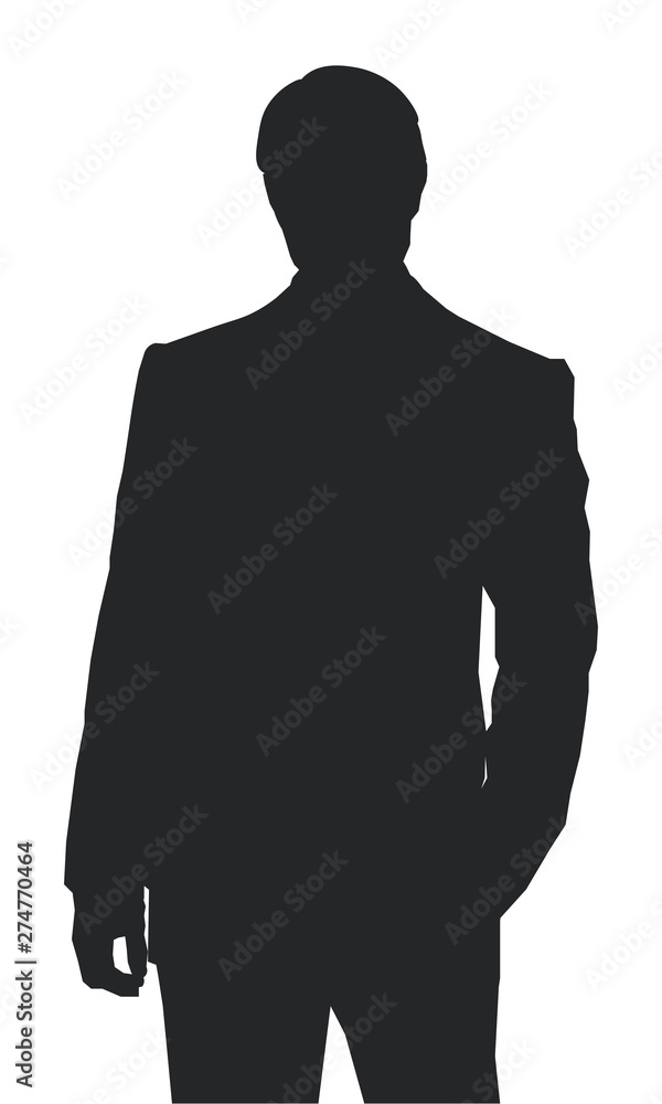 Black front silhouette of a standing man on a white background