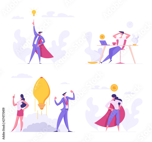 Creative Idea, Superhero Managers, Freelance Distant Work Concept. Successful Start Up with Business People Characters Launches Rocket Light Bulb, Teamwork, E-commerce Cartoon Flat Vector Illustration