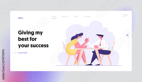 Business People Armwrestling. Man and Woman Fighting on Hands Sitting at Table. Business Competition, Challenge, Leadership Website Landing Page, Web Page. Cartoon Flat Vector Illustration, Banner