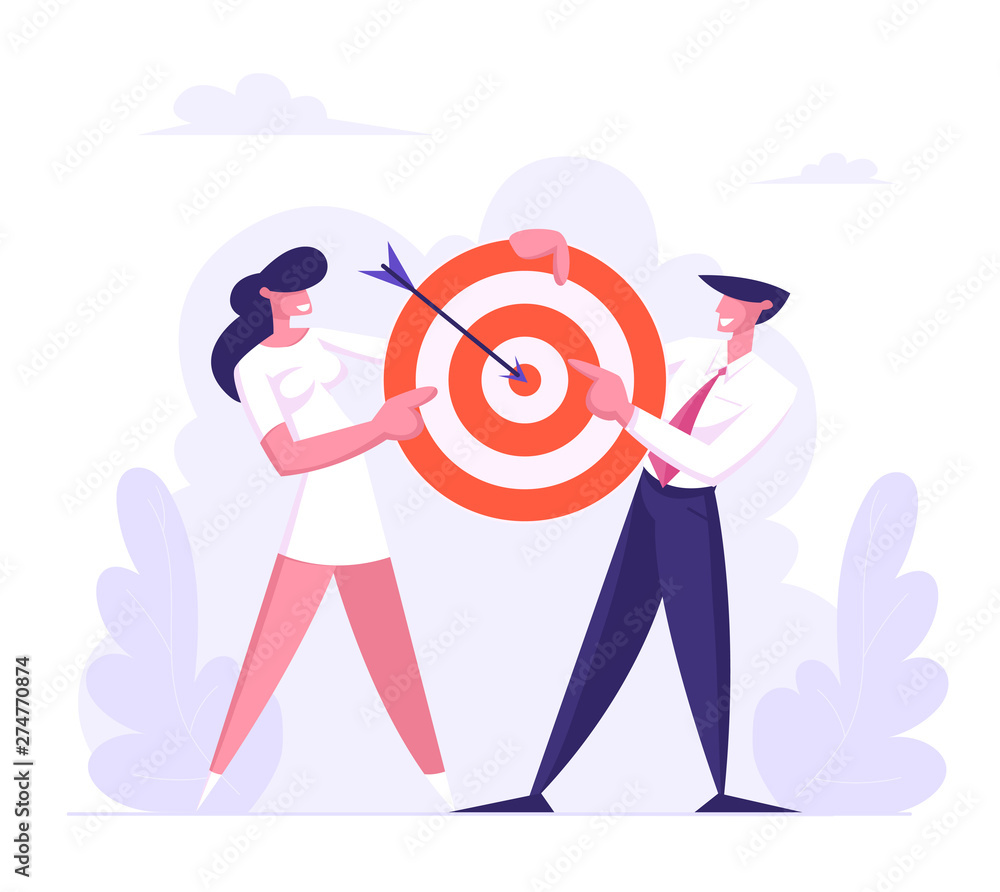 Business Man and Woman Team Holding Target with Arrow in Center, Business Goals Achievement, Aims, Mission, Opportunity and Challenge, Task Solution, Business Strategy Cartoon Flat Vector Illustration Business Man and Woman Team Holding Target with Arrow in Center, Business Goals Achievement, Aims, Mission, Opportunity and Challenge, Task Solution, Business Strategy Cartoon Flat Vector Illustration