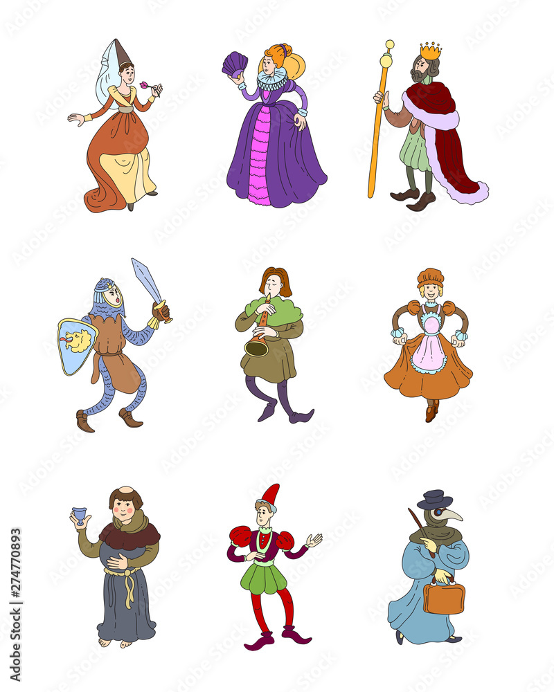 Set of cute colorful medieval characters, different clothes