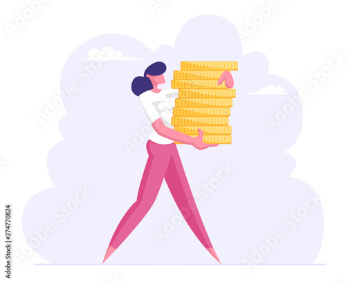 Successful Business Woman Carry Stack of Gold Coins, Character with Money Cash. Rich Businesswoman Making Saving, Financial Profit Salary Wealth, Increasing Capital. Cartoon Flat Vector Illustration