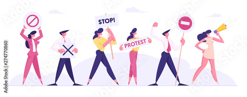 Protesting People Against Presidential Election or Candidate Voting Holding Placards on Strike or Demonstration, Male, Female Characters with Protest Banners and Signs Cartoon Flat Vector Illustration