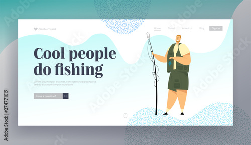 Fisherman Holding Rod Showing Fish he Caught. Fishing, Relaxing Summertime Hobby, Good Catch, Leisure, Active Spending Time. Website Landing Page, Web Page. Cartoon Flat Vector Illustration, Banner