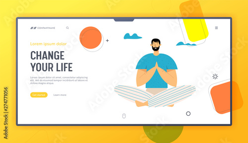 Man Practicing Yoga Meditation Outdoor in Lotus Pose for Less Stress. Healthy Lifestyle, Relaxation Emotional Balance, Fitness, Website Landing Page, Web Page. Cartoon Flat Vector Illustration, Banner