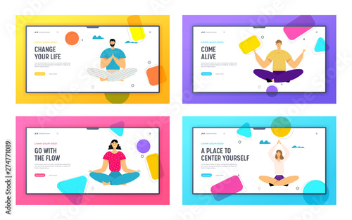 People Meditating in Lotus Pose Website Landing Page Set, Outdoors Yoga, Healthy Lifestyle, Relaxation Emotional Balance, Harmony, Positive Mood, Web Page. Cartoon Flat Vector Illustration, Banner