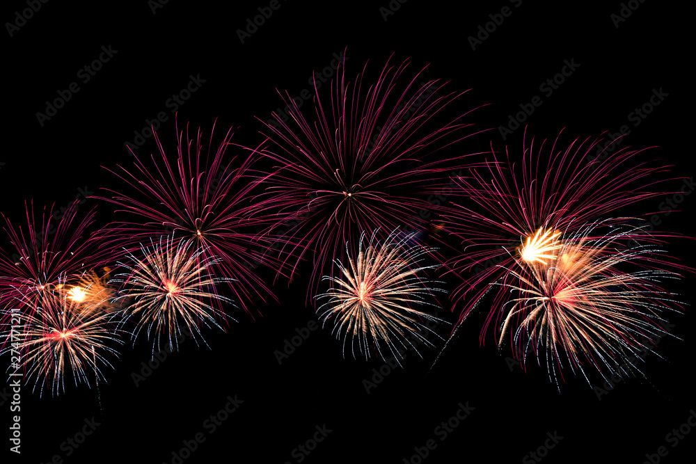abstract beautiful firework celebration rows on black background