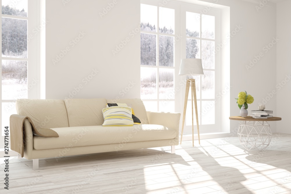 Fototapeta premium Stylish room in white color with sofa and winter landscape in window. Scandinavian interior design. 3D illustration