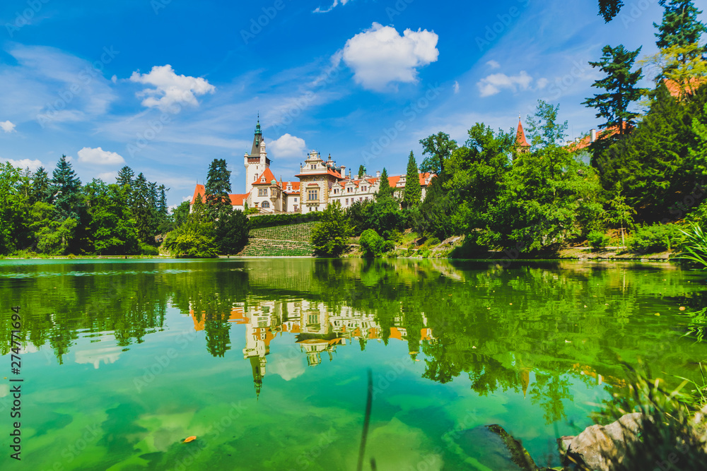 Destination-Pruhonice town palace in Chech republic. Green nature and  the lake