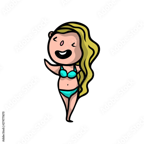 Cute sexy blonde girl in colorful swimwear at sunny beach