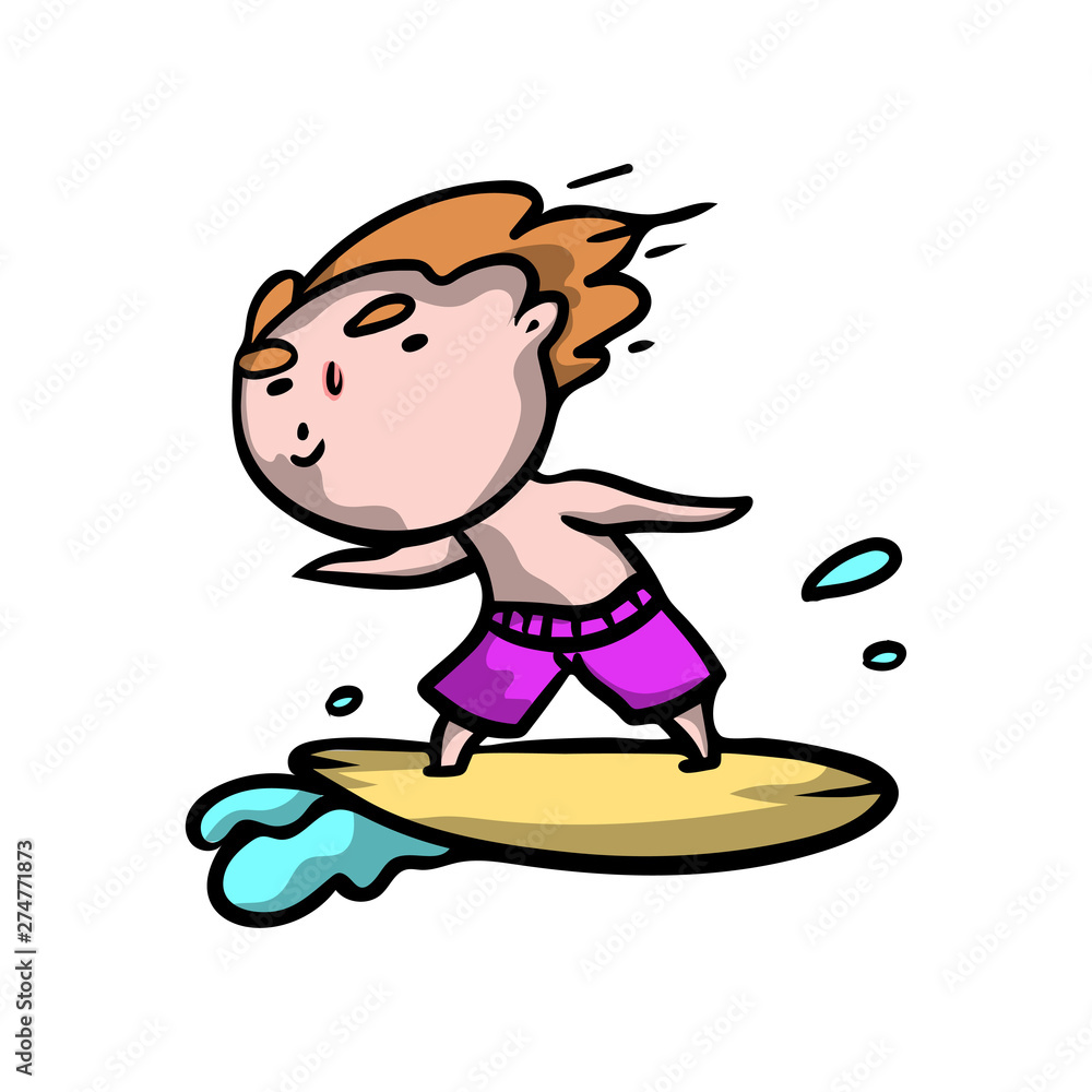Cute red hair boy is surfing on the ocean wave in pink shorts Cute red hair boy is surfing on the ocean wave in pink shorts