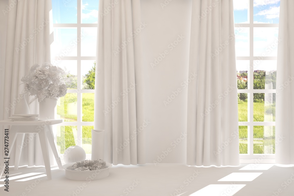 Stylish empty room in white color with summer landscape in window. Scandinavian interior design. 3D illustration Stylish empty room in white color with summer landscape in window. Scandinavian interior design. 3D illustration
