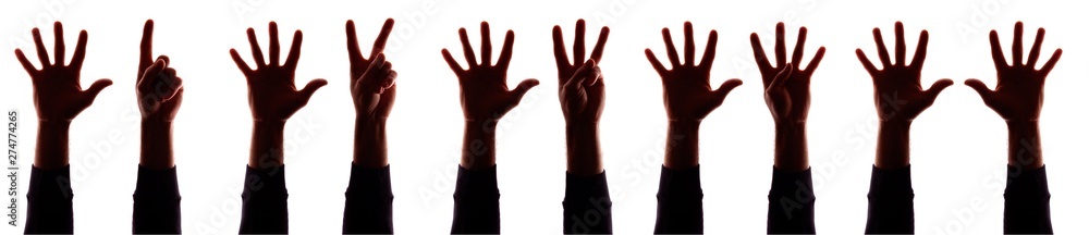 Obraz premium Many hand's young man with fingers apart, numbers - silhouette, concept