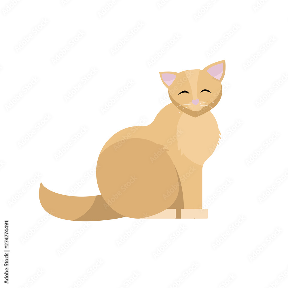 Obraz premium Sitting cute cat. Smiling Biege kitty flat cartoon vector illustraton isolated on white background