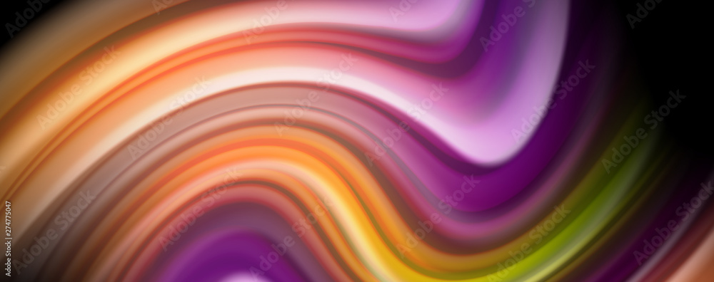 Obraz premium Modern rainbow liquid color flow colorful poster. Wave Liquid shape in black color background. Abstract composition