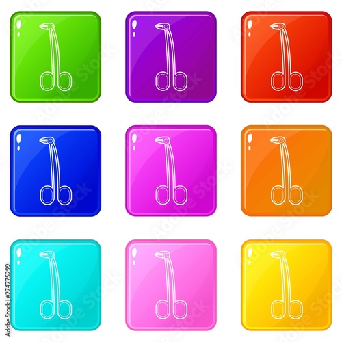 Surgical forceps icons set 9 color collection isolated on white for any design
