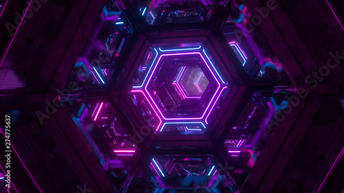 Fototapeta Naklejka Na Ścianę i Meble -  Flying through endless luminous tunnel. Construction with neon glowing hexagons. Hyper loop. Abstract creative futuristic background. Reflective surfaces. Modern colorful illumination. 3d rendering