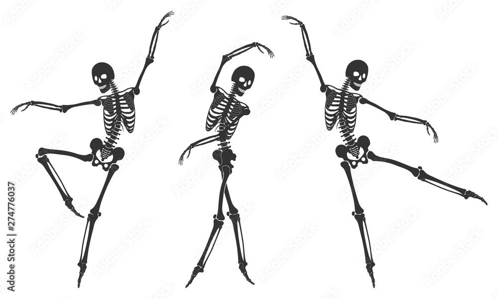 Ballet. Three dancing black silhouettes of skeletons, isolated on a ...