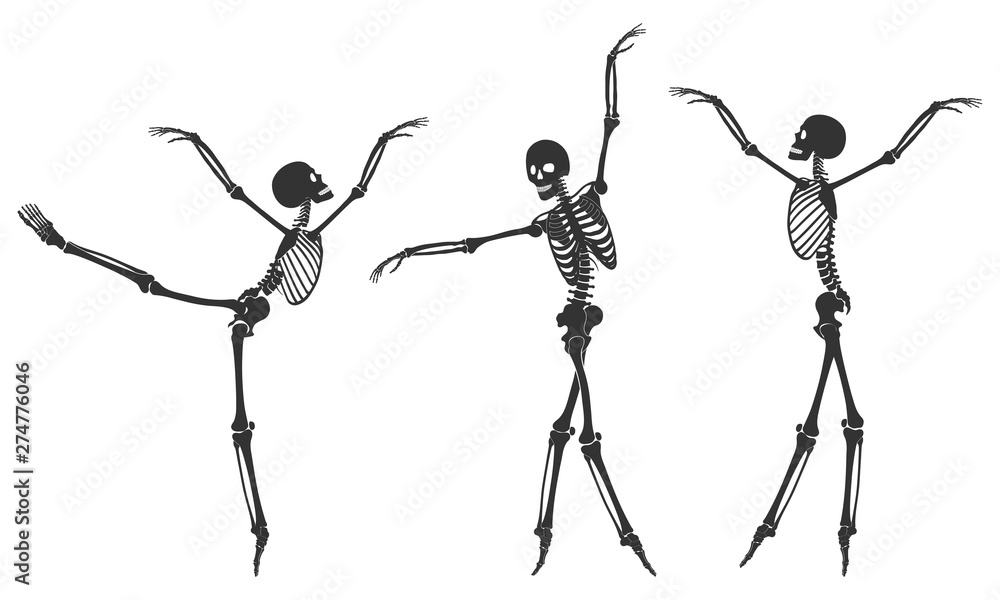 Ballet. Three dancing black silhouettes of skeletons, isolated on a background. Vector illustration Stock Adobe Stock