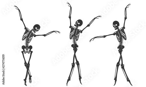 Ballet. Three dancing black silhouettes of skeletons, isolated on a white background. Vector illustration