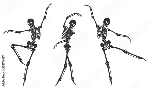 Ballet. Three dancing black silhouettes of skeletons, isolated on a white background. Vector illustration
