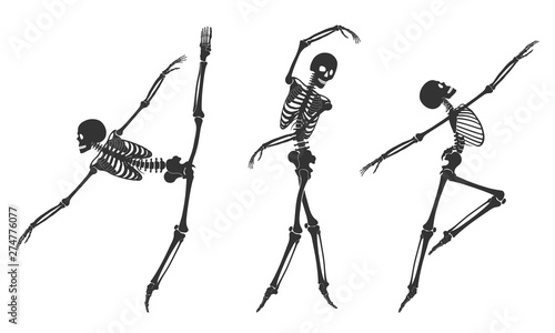 Ballet. Three dancing black silhouettes of skeletons, isolated on a white background. Vector illustration