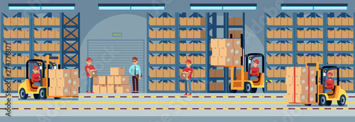 Warehouse interior. Industrial factory worker working in stockroom of storehouse. Forklift and delivery truck vector logistic concept