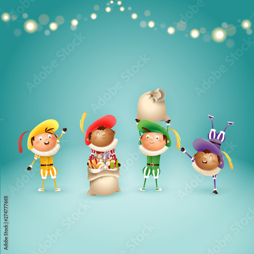Four Dutch Sinterklaas helpers Zwart Piets - celebrate holidays - vector illustration on turquoise background with lights
