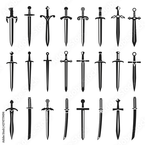Fototapeta Swords in flat style and silhouettes isolated on white background