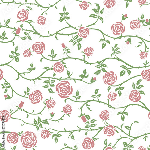 Tender rose floral seamless pattern with climbing curly flower and thorn. Cute beautiful soft pastel color vector background. Gothic, old garden, romantic gentle fairy style elegant hand drawn texture