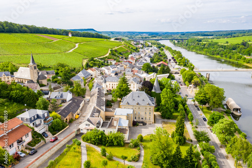 Aerial view of Schengen town center over River Moselle, Luxembourg, the place where Schengen Agreement signed, the birthplace of a Europe without borders. Tripoint of borders with Germany and France photo