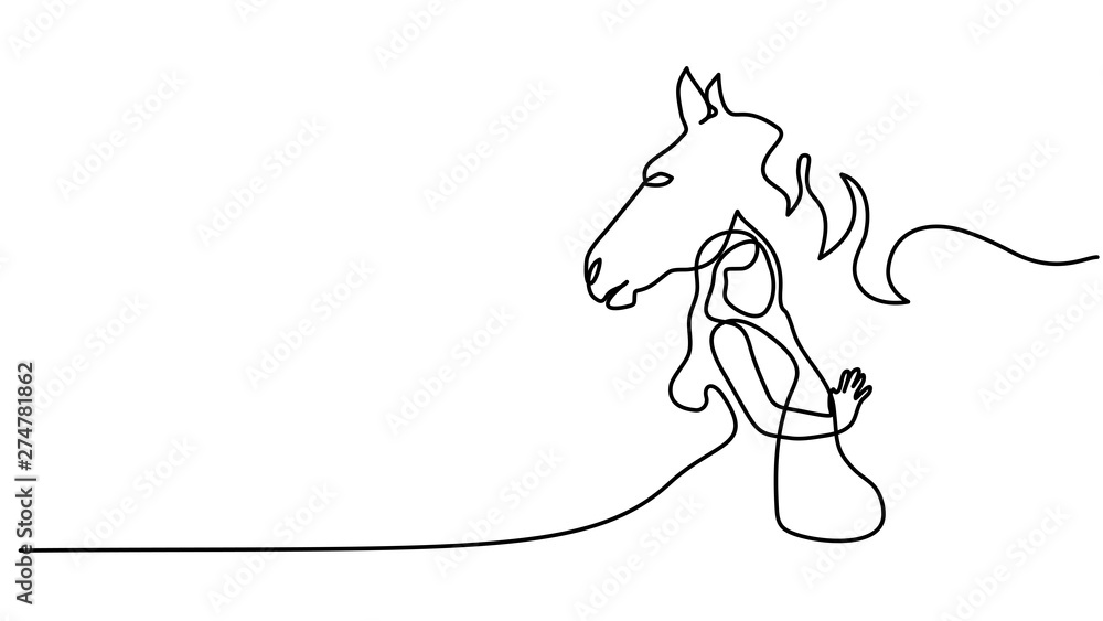 Naklejka Jeden rysunek linii. Logo głowy konia i kobiety