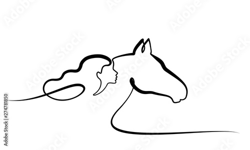 One line drawing. Horse and woman heads logo