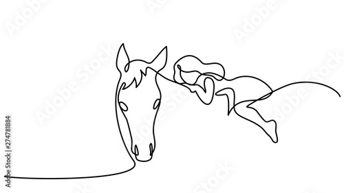 One line drawing. Small girl riding a horse